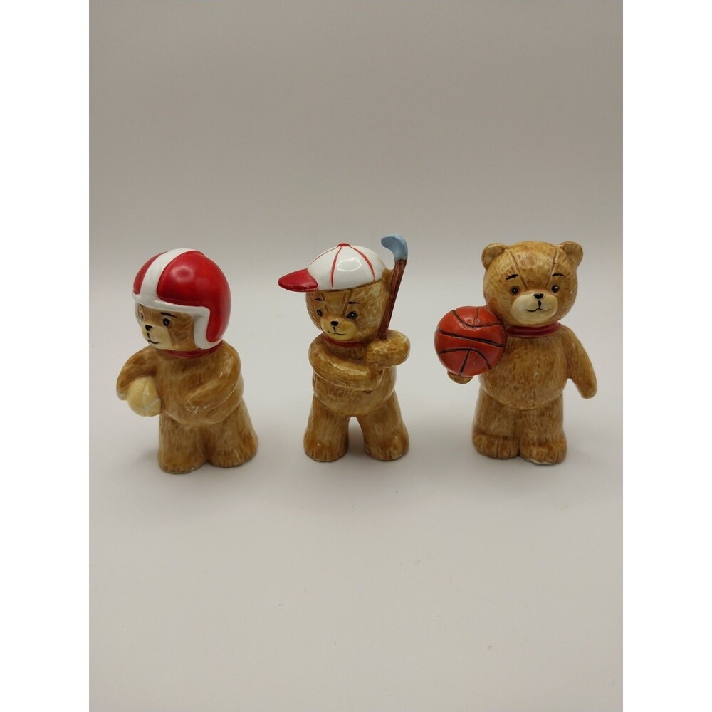 Set of 3 Enesco Lucy and Me SPORTS Teddy Bears Football Golf & Basketball 1980